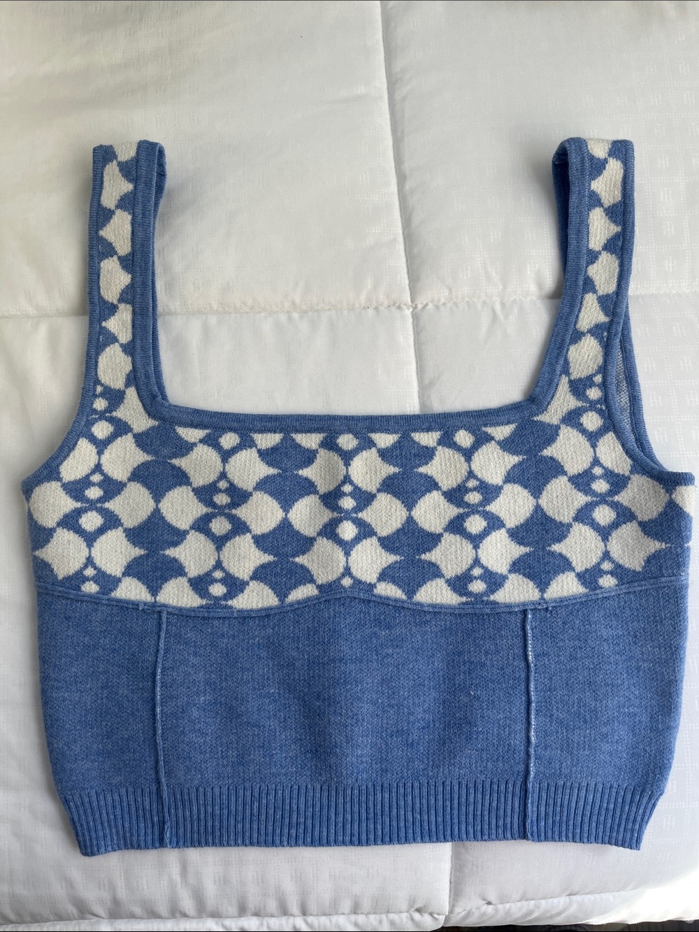 Princess Polly Blue & White Geo Knit Top